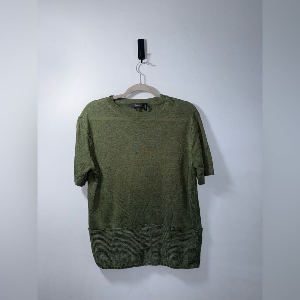 Theory olive green linen short sleeve top size small EUC
